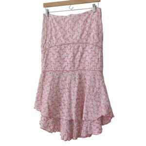 Polli Says Womens Skirt Sz 4 Cotton Eyelet Pink Ruffle Tiered Midi High Waisted